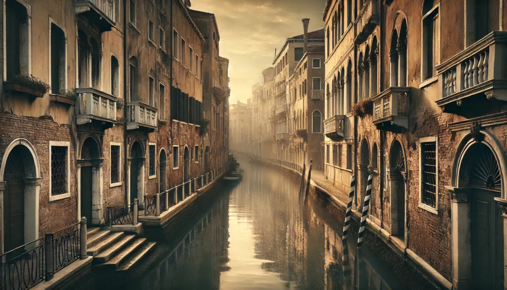 DALL·E 2025-05-02 16.42.11 - A photographic-style horizontal image capturing the poetic and artistic essence of Venice, without any unrealistic elements. The scene features a quie
